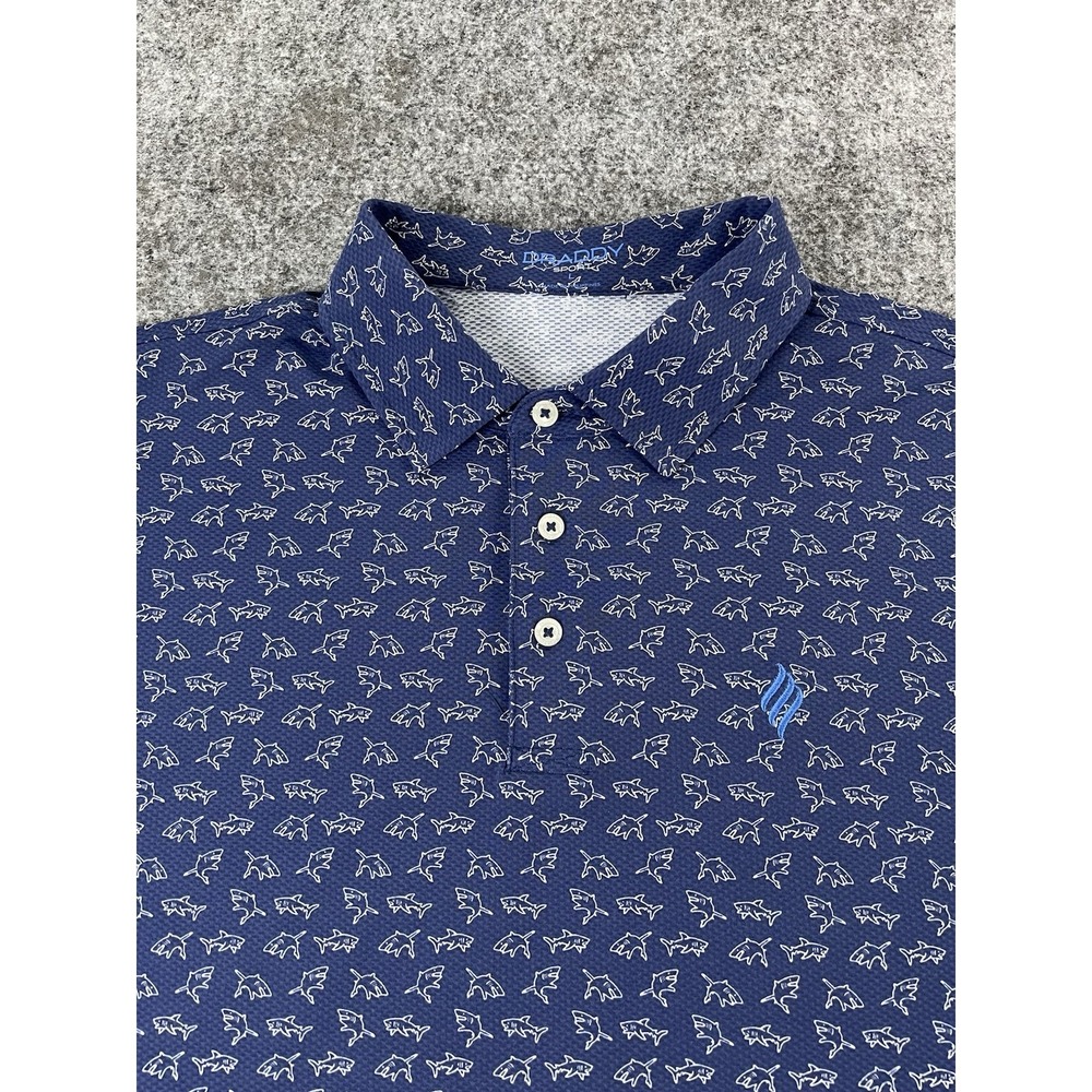 B Draddy Sport Polo Shirt Mens Large Blue Shark AOP Performance Stretch Golf EUC